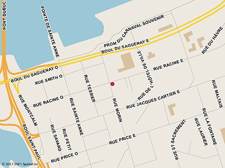 Map indicating the location of Chicoutimi Service Canada Centre and Passport Services at 98 Racine Street East in Chicoutimi
