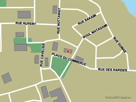 Carte routière indiquant l'emplaçement du bureau Matagami - site de services mobiles réguliers situé au 180, place du Commerce à Matagami